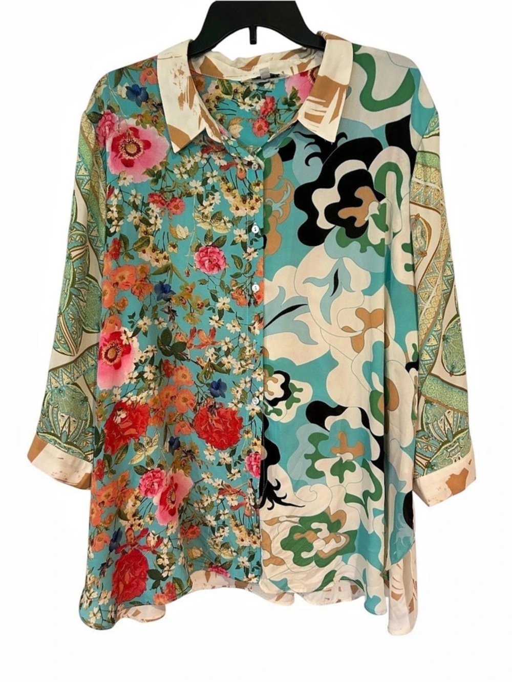 Rose + Olive Women’s Plus Size 3X Mixed Media Patchwork Blouse Floral Abstract